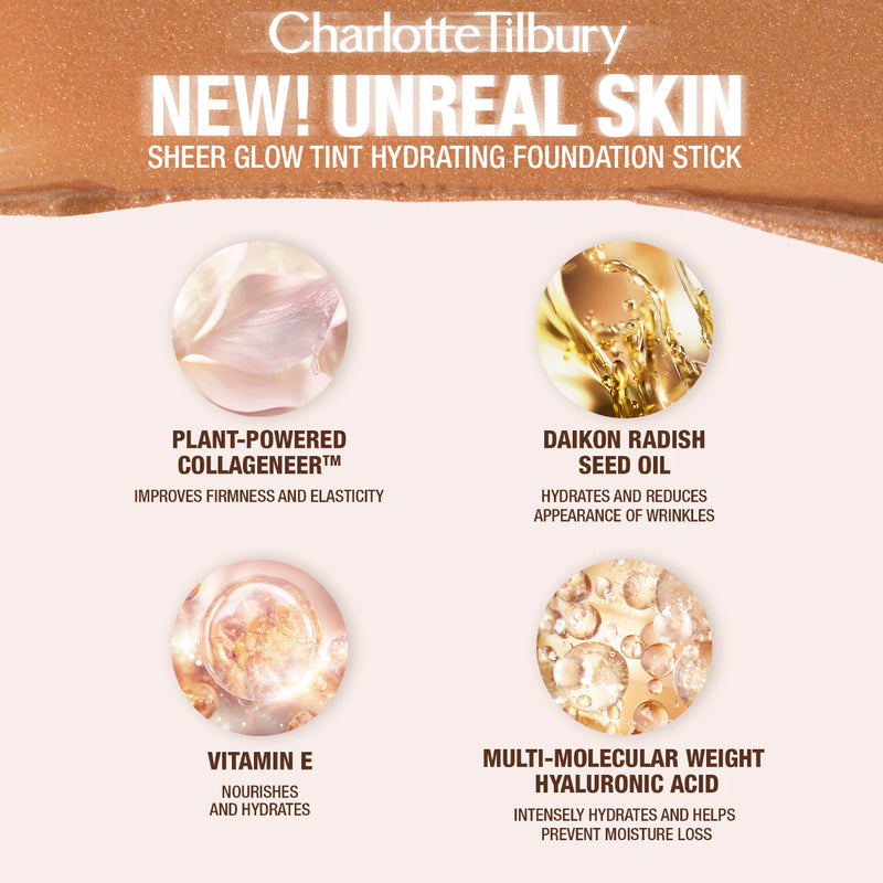 *PREORDEN: Unreal Skin Sheer Glow Tint Hydrating Foundation Stick - Charlotte Tilbury / Base en barra de cobertura ligera