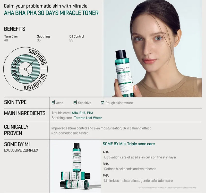 AHA, BHA, PHA 30 Days Miracle Toner 150ml - SOME BY MI / Tónico pieles sensibles tendencia ácne