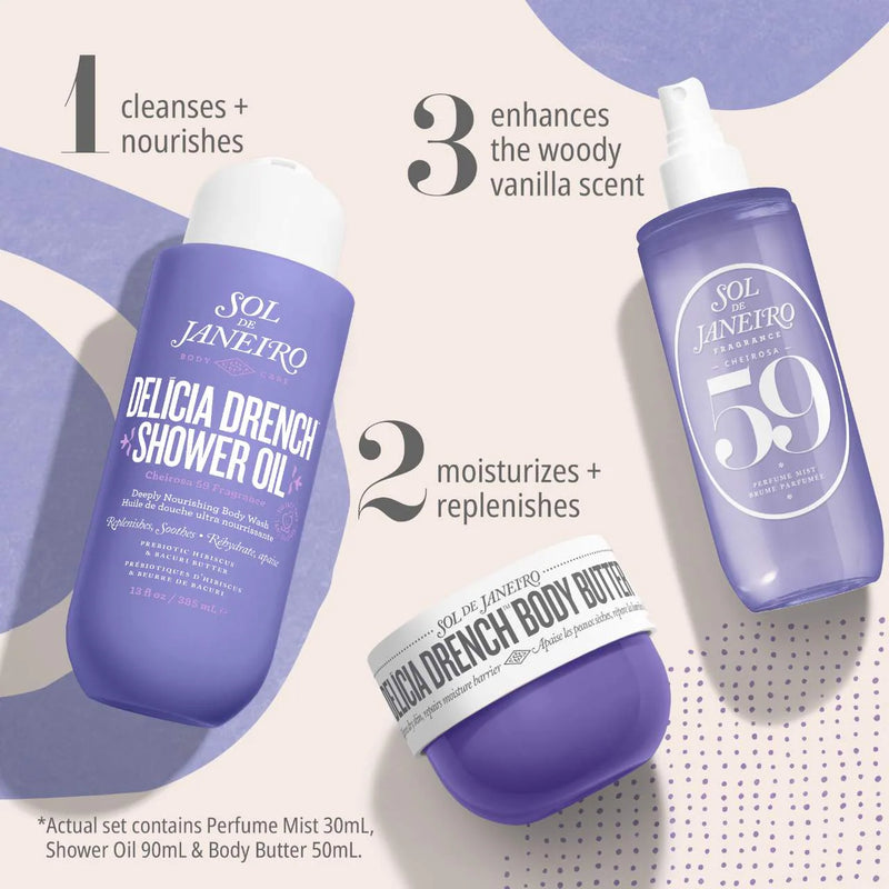 *PREORDEN: Delícia Drench™ Jet Set - Sol de Janeiro / Set de fragancia, crema y gel