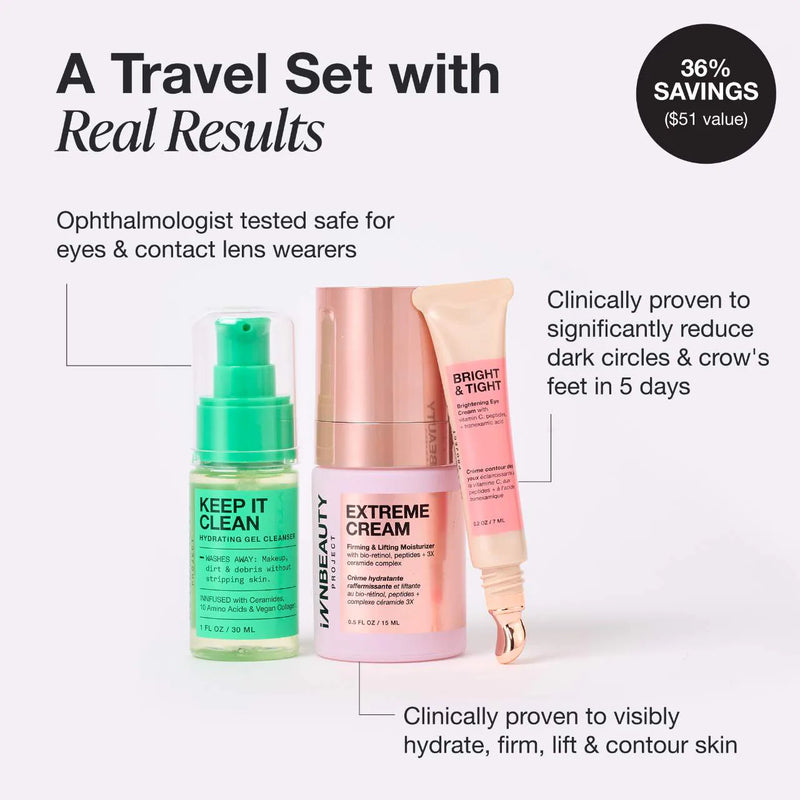 *PREORDEN: Take Me Away Skincare Travel Essentials Set - iNNBEAUTY PROYECT / Set 3 pzas limpiador, crema y contorno de ojos