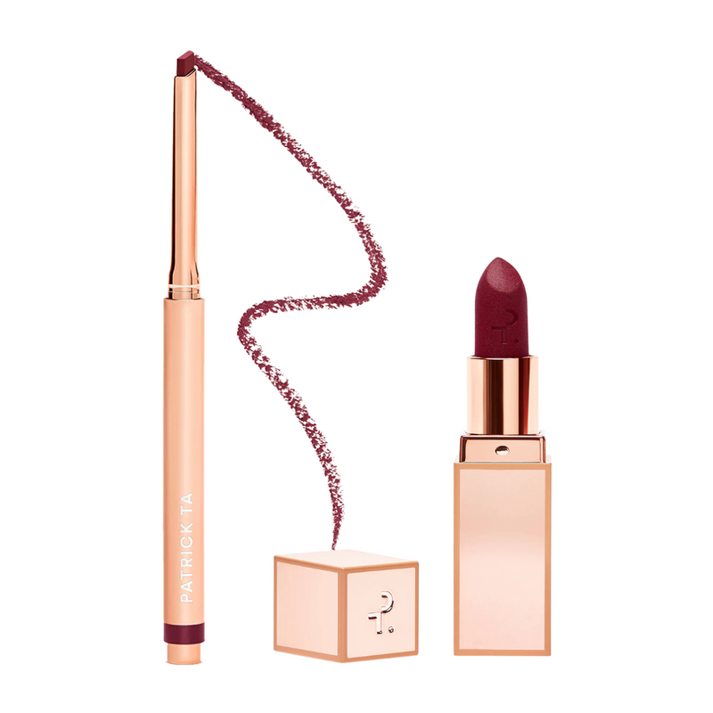 Major Headlines Lip Set: Matte Suede Lipstick + Precision Lip Crayon - PATRICK TA / Set de labial + delineador